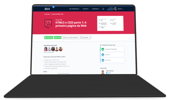 Imagem de um notbook aberto em um curso da alura sobre HTML e CSS