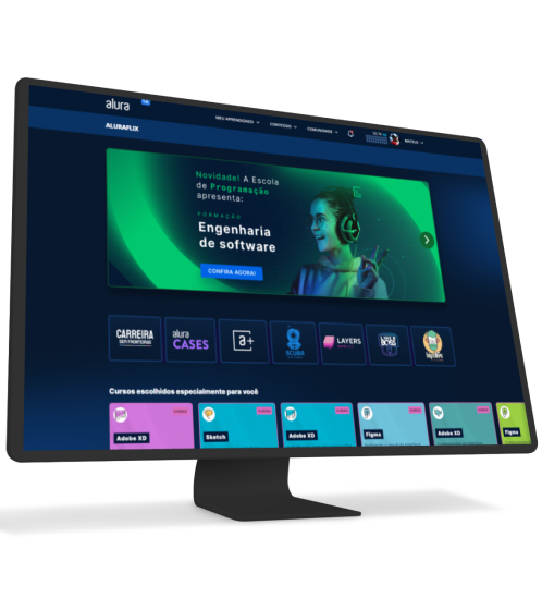 Um monitor e um celular com o Alura Plus aberto